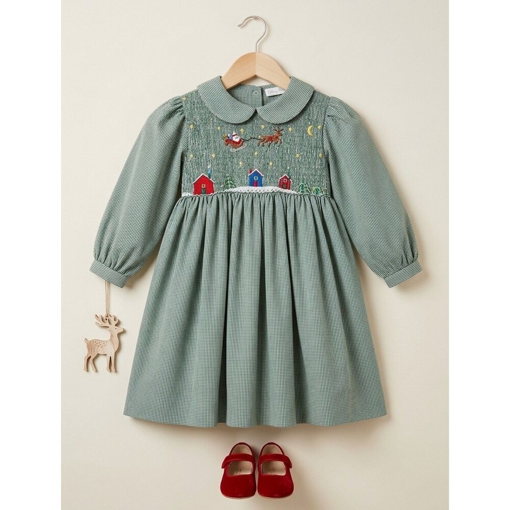 Petit Ami Christmas Dress Santa Sleigh Girls sz 18 mo Green Gingham Smocked Red